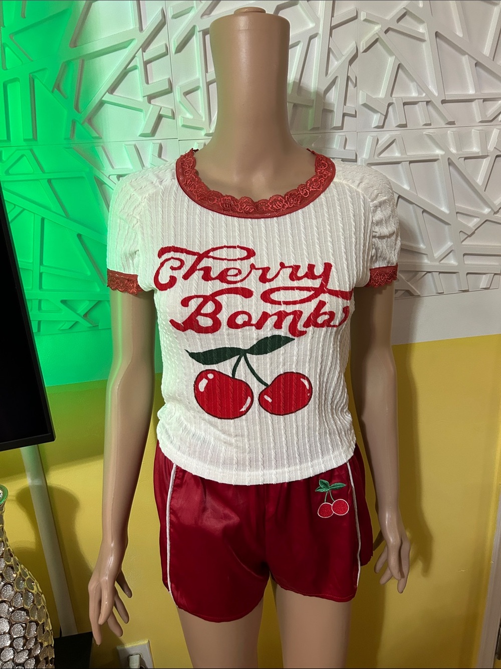Cherry Bomb Cropped Tee in White and Red